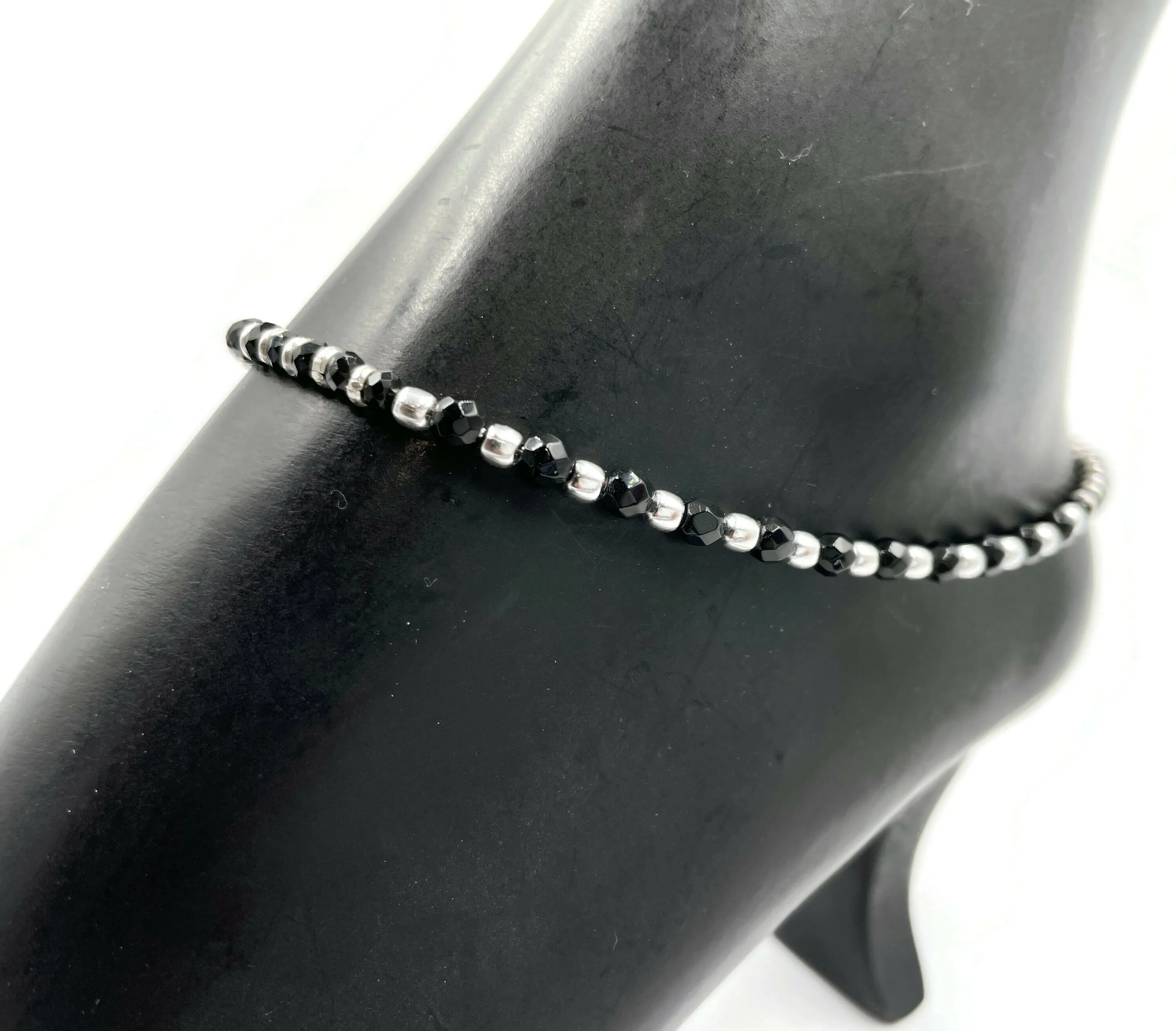 925 Sterling Silver Black Beads Anklet - #92