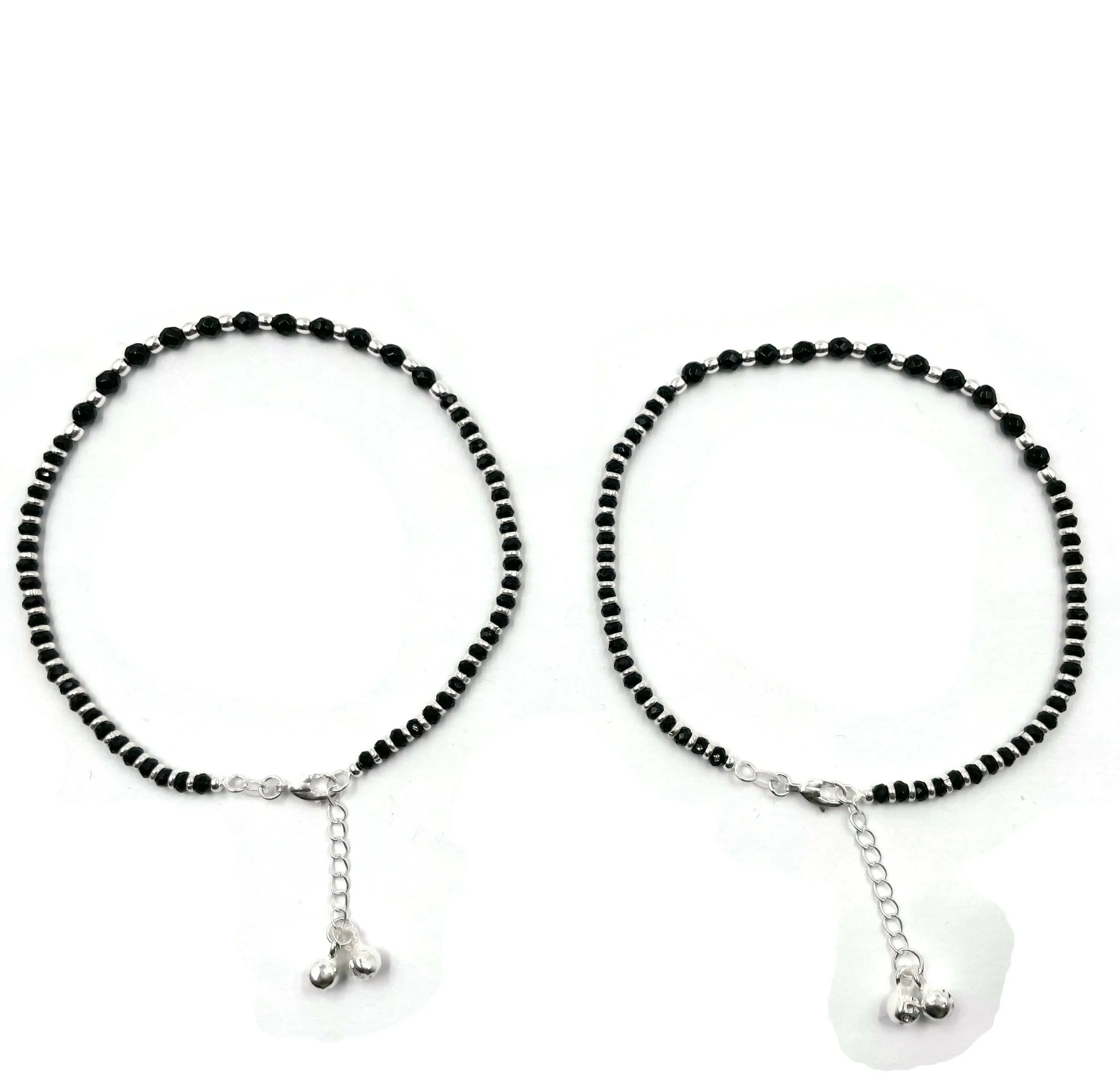 925 Sterling Silver Black Beads Anklet - #92