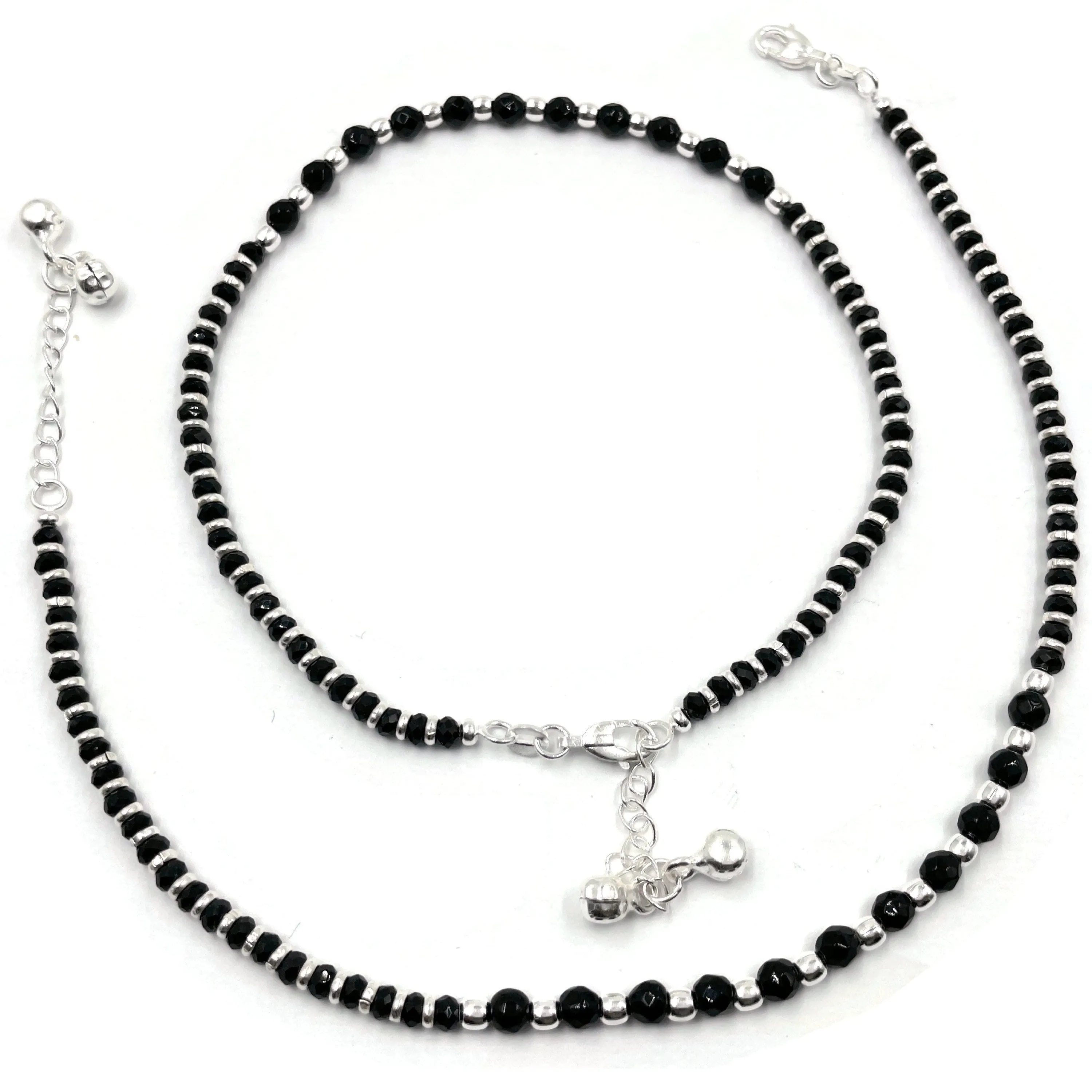 925 Sterling Silver Black Beads Anklet - #92