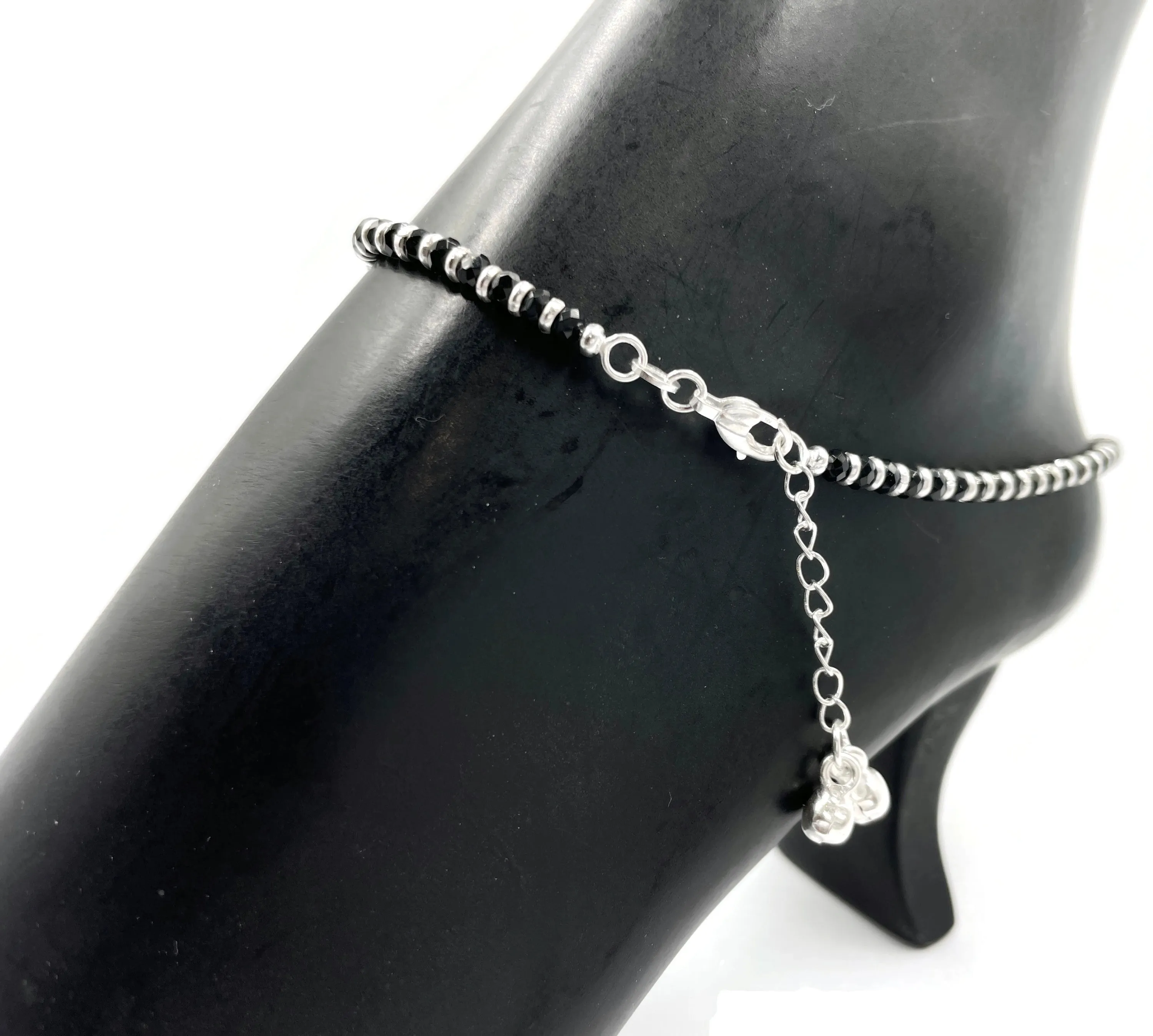 925 Sterling Silver Black Beads Anklet - #92