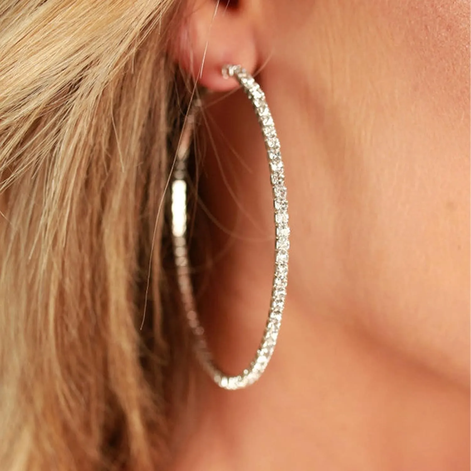 925 Sterling Silver Earrings Large Rhinestone Hoop Earrings Big Cubic Zirconia Hoop Earrings Thin Rhinestones Round Hoop Earrings for Women 20/30/40/50/60/70mm Sparkly Hoops With Crystals for Womens