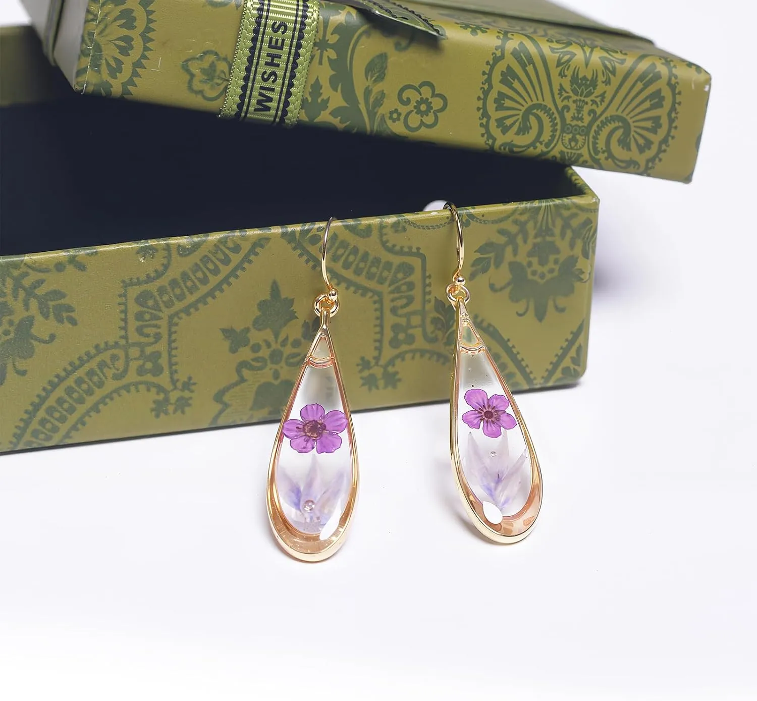 925 Sterling Silver Handmade Pressed Flower Earrings – Elegant Hypoallergenic Dangle Jewelry, Eternal Gift with Boxes