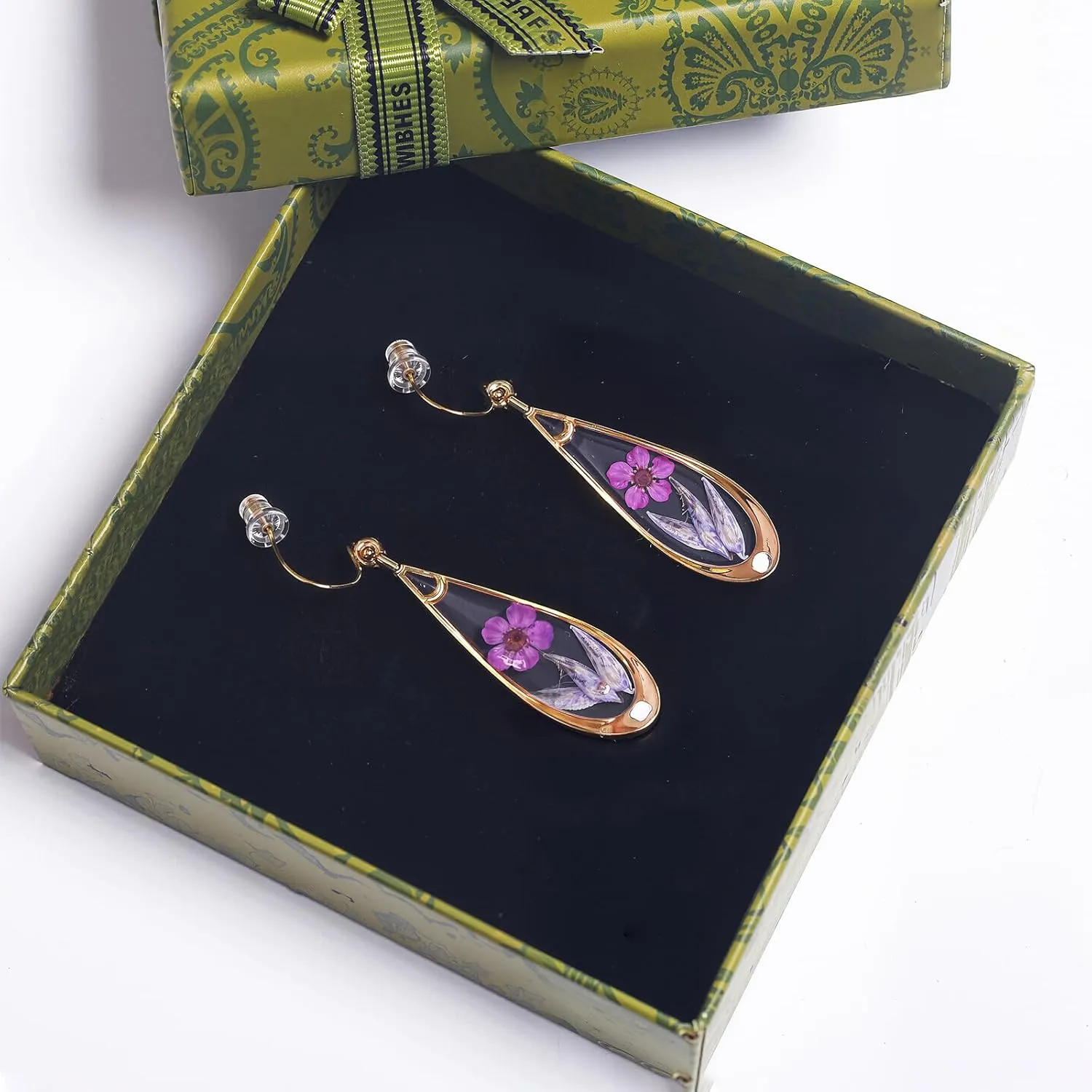 925 Sterling Silver Handmade Pressed Flower Earrings – Elegant Hypoallergenic Dangle Jewelry, Eternal Gift with Boxes