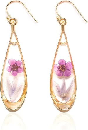 925 Sterling Silver Handmade Pressed Flower Earrings – Elegant Hypoallergenic Dangle Jewelry, Eternal Gift with Boxes