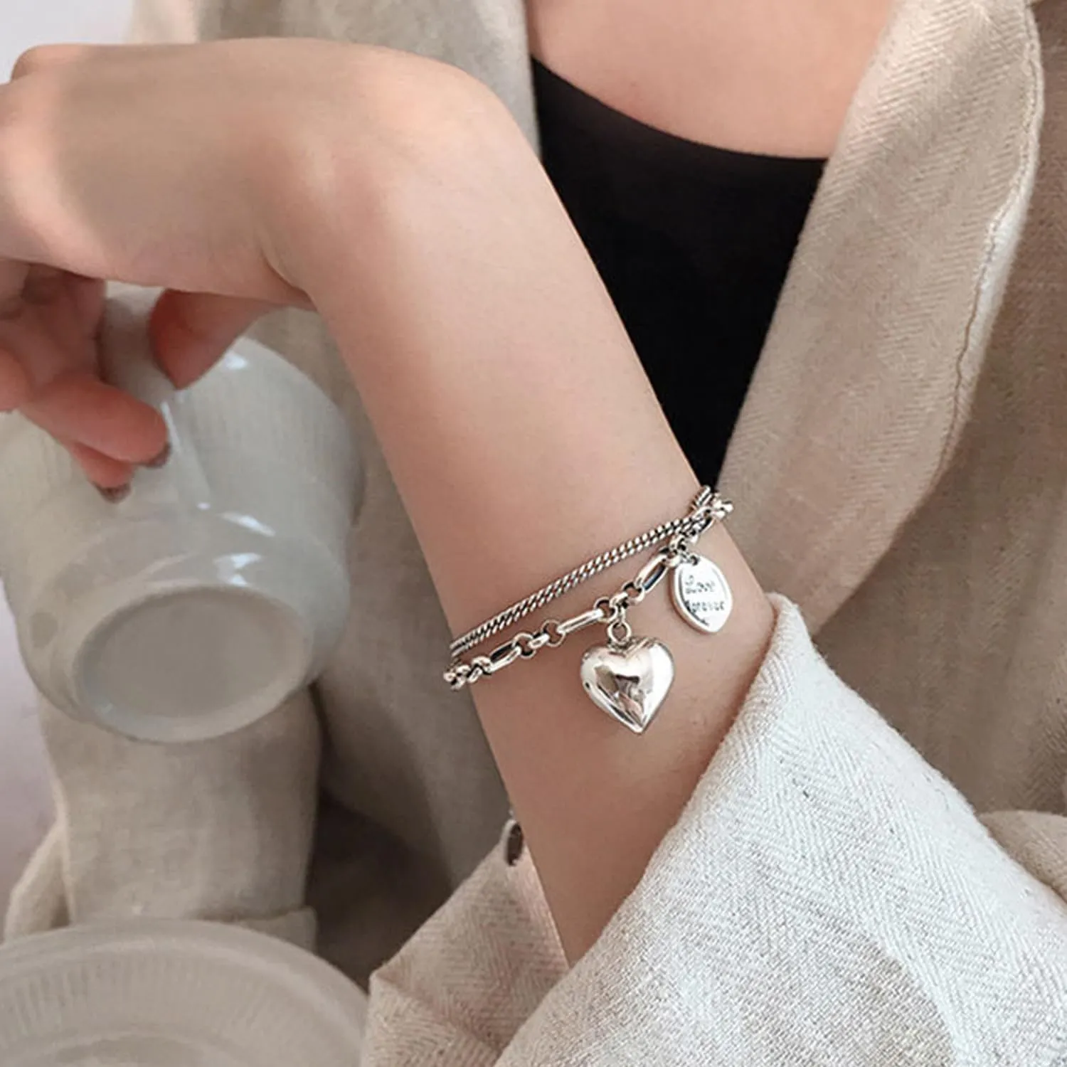 925 Sterling Silver Link Chain Bracelet for Women Handmade Layered Adjustable Sterling Silver Bracelets Bangles Jewelry Gifts