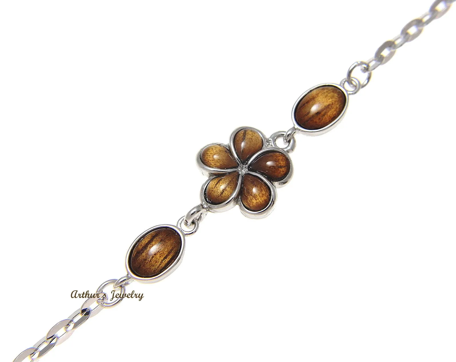 925 Sterling Silver Rhodium Hawaiian Genuine Koa Wood Plumeria Flower Anklet 9" 