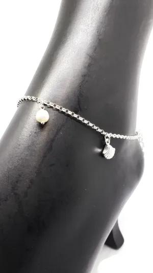 925 Sterling Silver While Pearl Anklet - #32