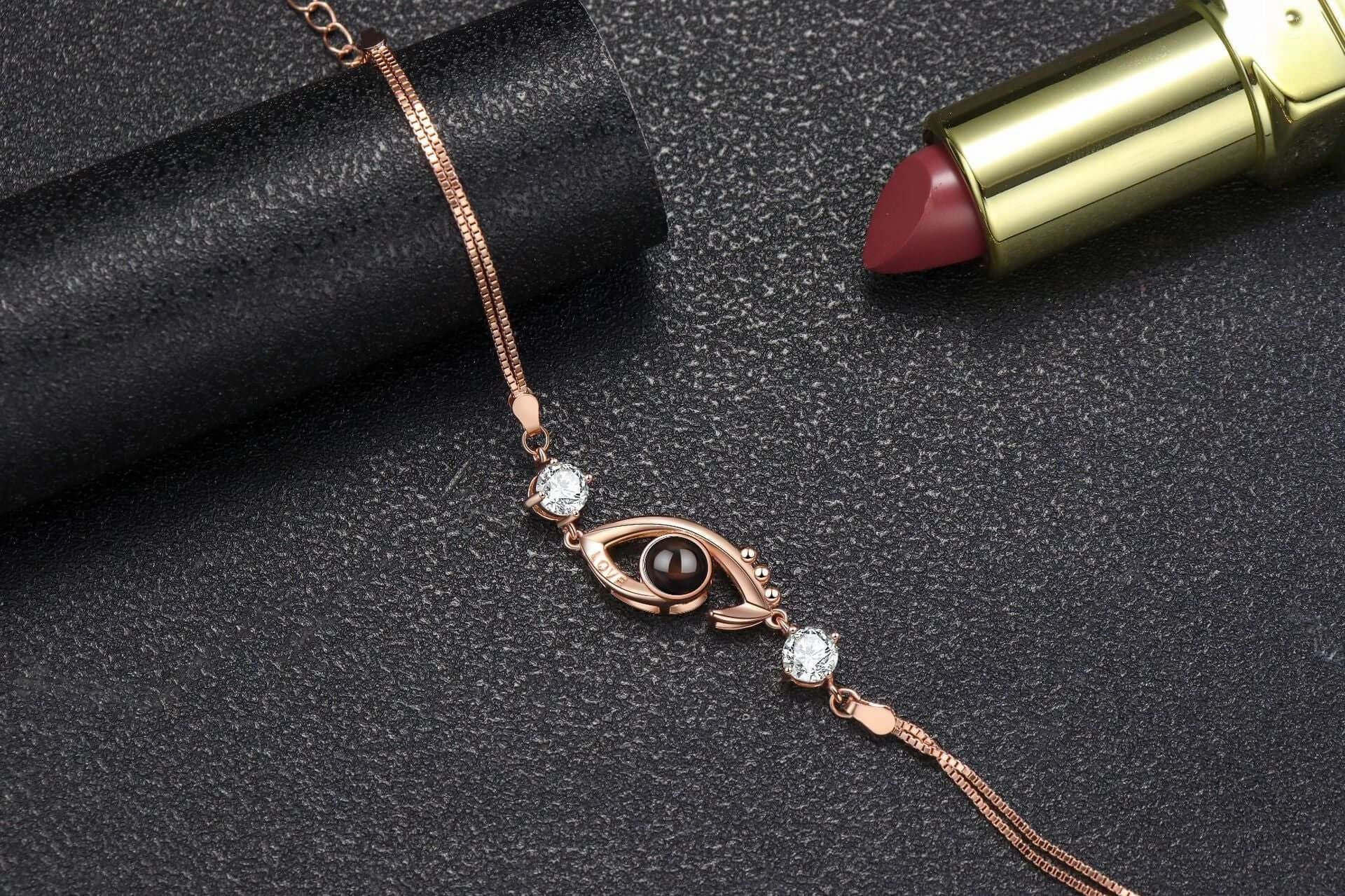 925 Sterling Silver LOVE Eye with Diamonds Felicity Bracelet with Picture Inside Forever Favorite