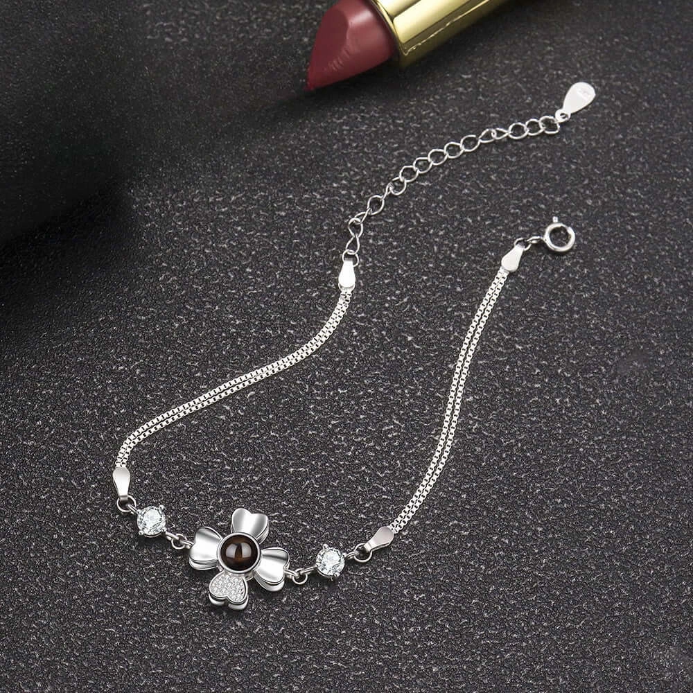 Worldwide Benchmark 925 Sterling Silver Lucky Four Leaf Clover with Diamonds Felicity Bracelet with Picture Inside