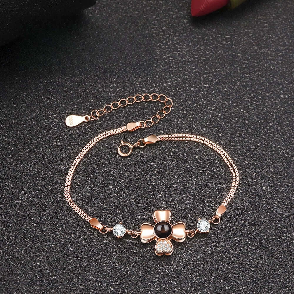 Whimsical Perspective Customizable features 925 Sterling Silver Lucky Four Leaf Clover with Diamonds Felicity Bracelet with Picture Inside