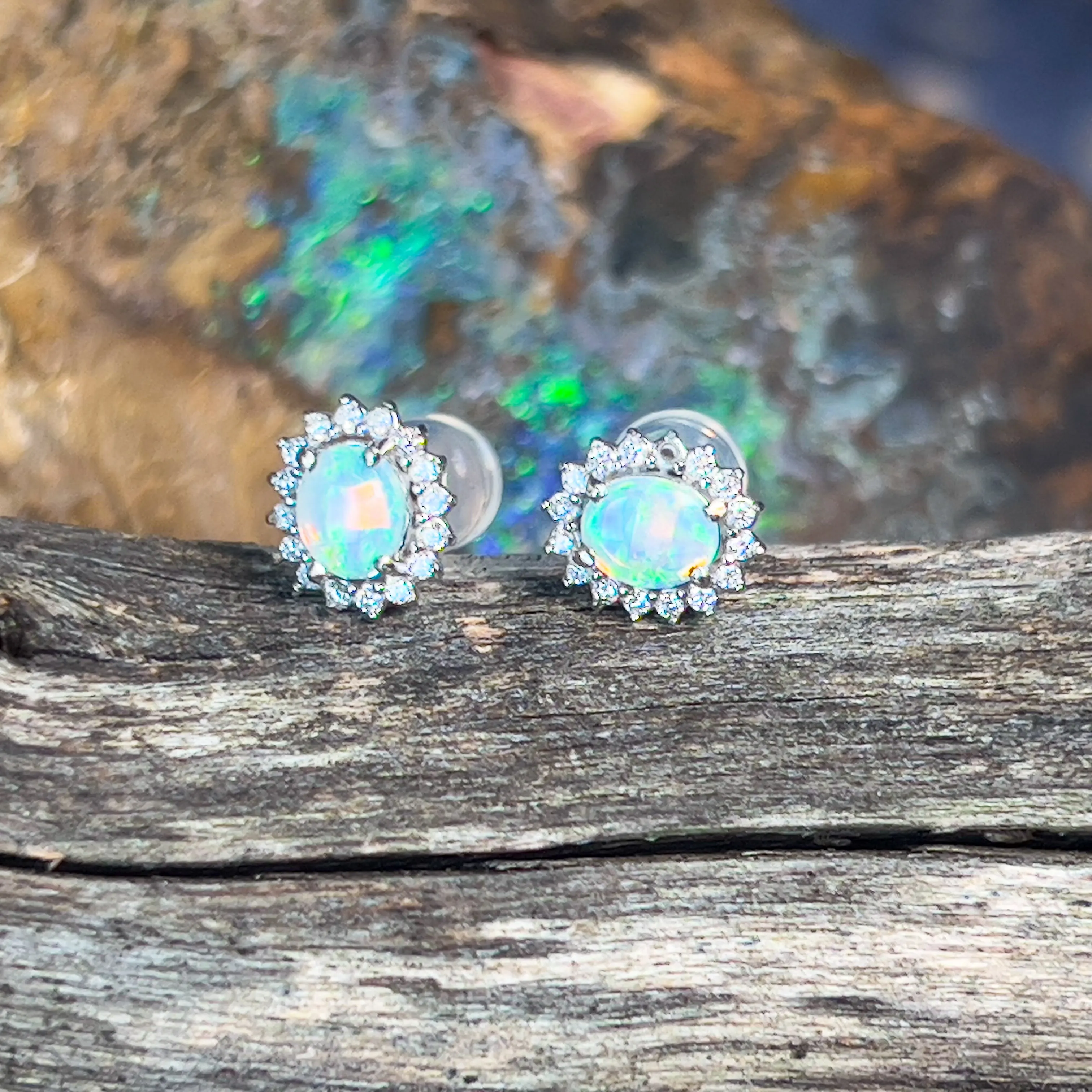 9kt White Gold pair of Opal and Diamond cluster earrings