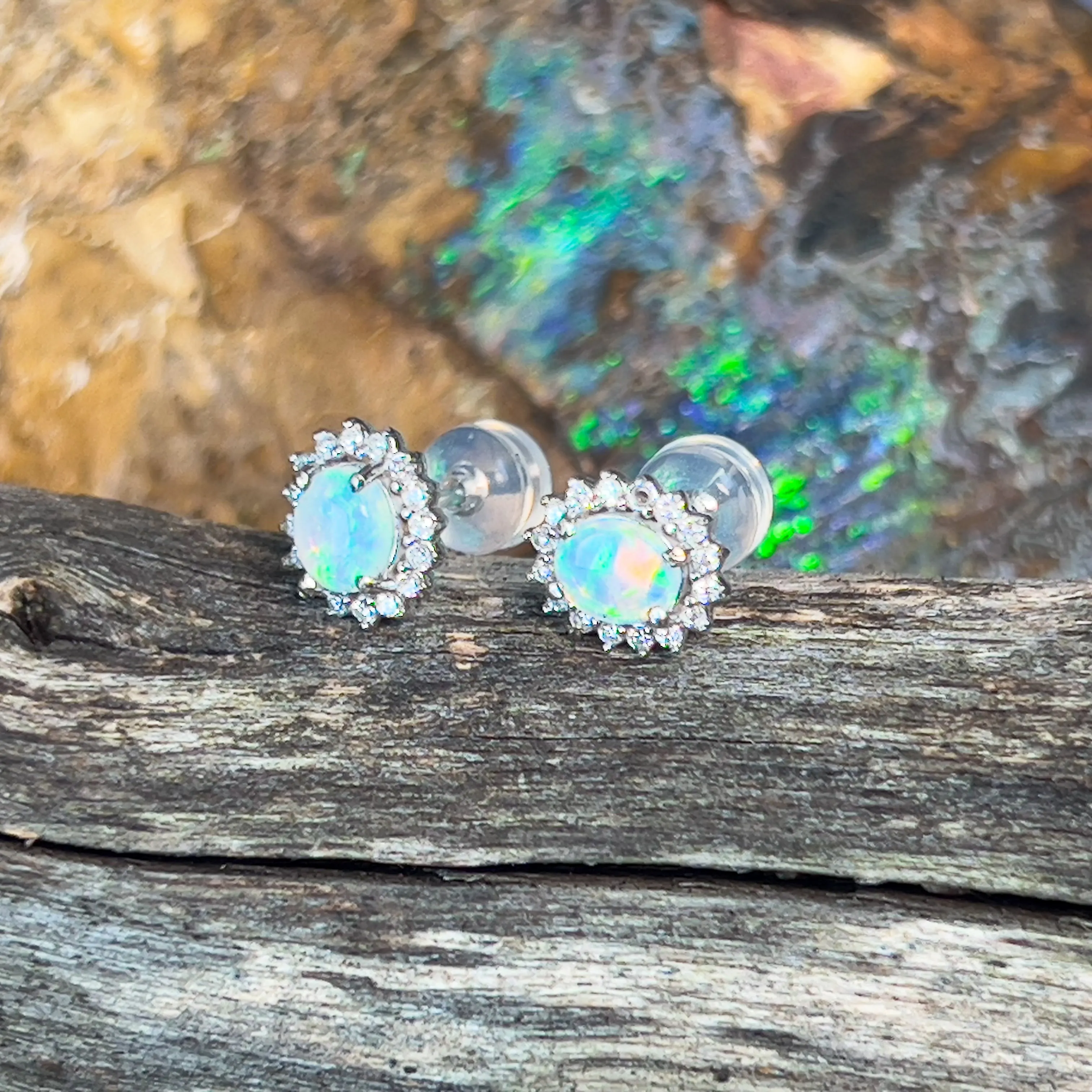 9kt White Gold pair of Opal and Diamond cluster earrings