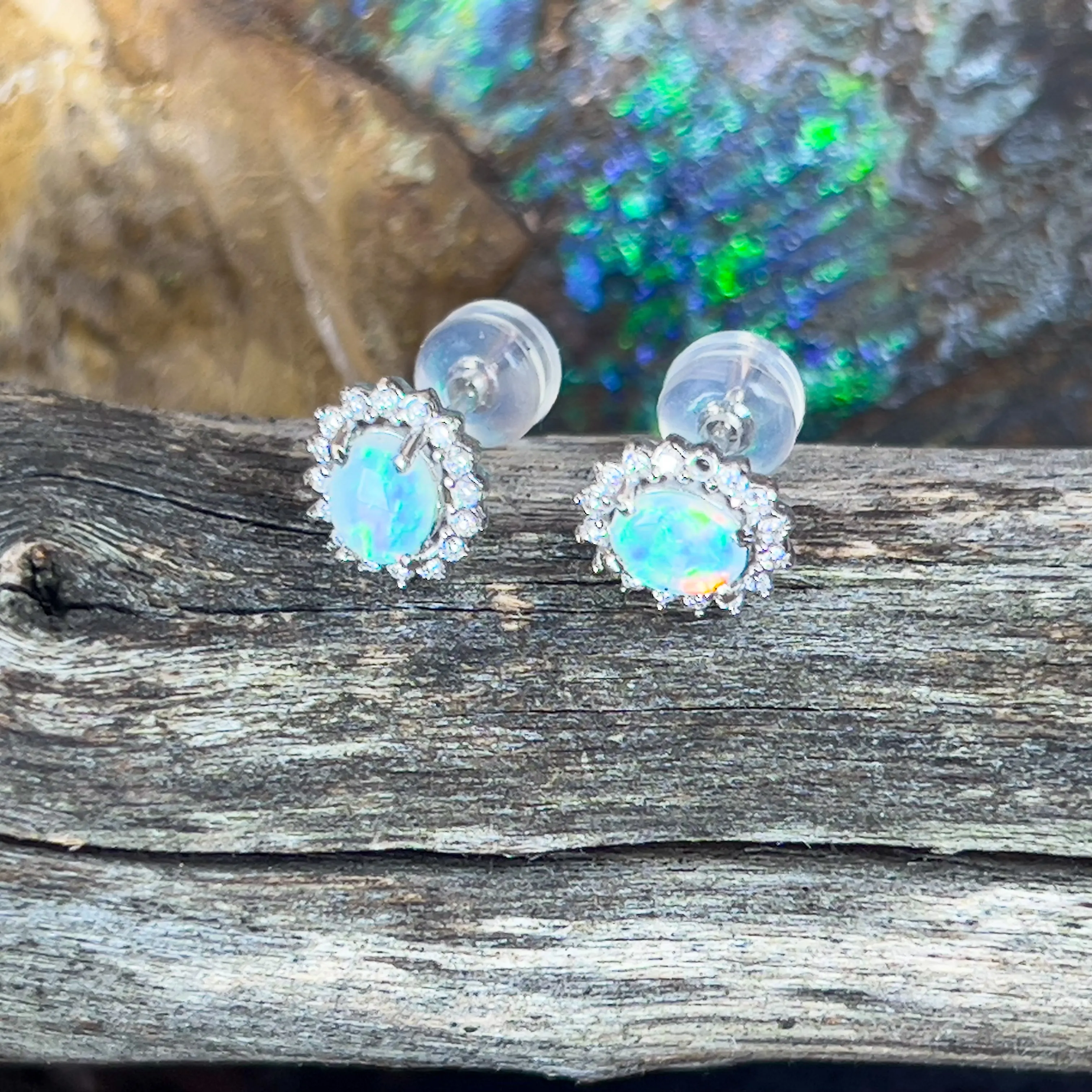 9kt White Gold pair of Opal and Diamond cluster earrings