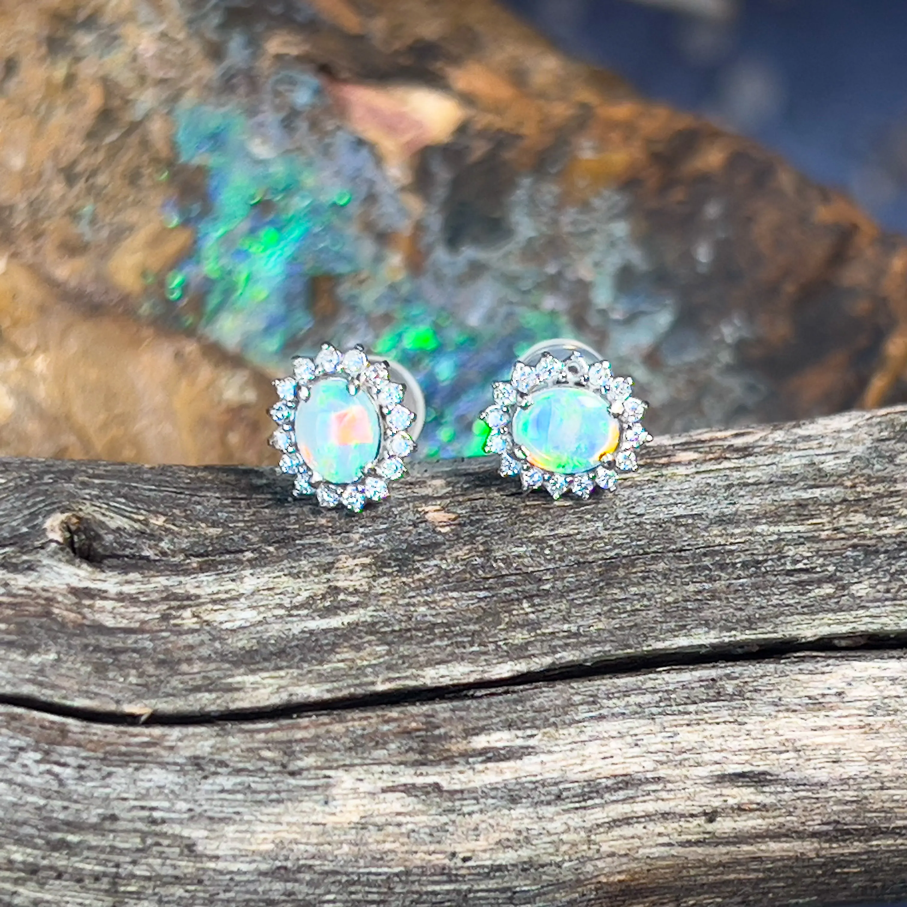 9kt White Gold pair of Opal and Diamond cluster earrings