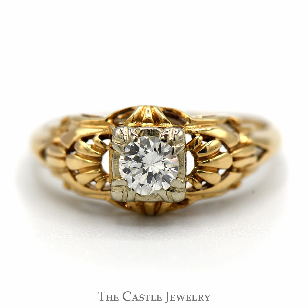 Polished Edge .33ct Round Diamond Antique Style Ring in 14k Yellow Gold