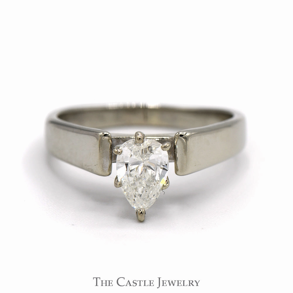 Affordable Token .59ct Pear Cut Diamond Solitaire Engagement Ring in 14k White Gold Cathedral Mounting