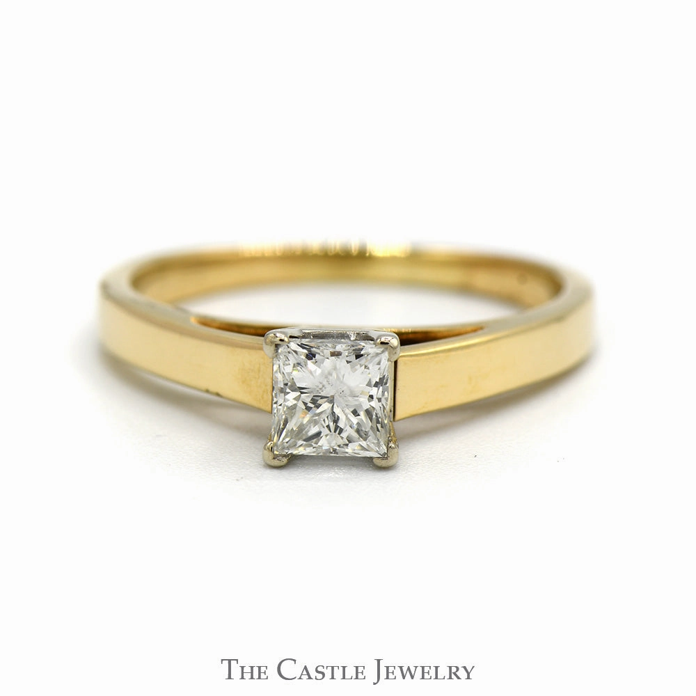 Comfortable Wear .70ct Princess Cut Diamond Solitaire Engagement Ring in 14k Yellow Gold Cathedral Mounting