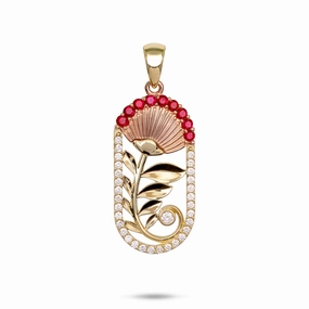 ???hi?a Lehua Ruby Pendant in Two Tone Gold with Diamonds - 27.5mm Statement Feature