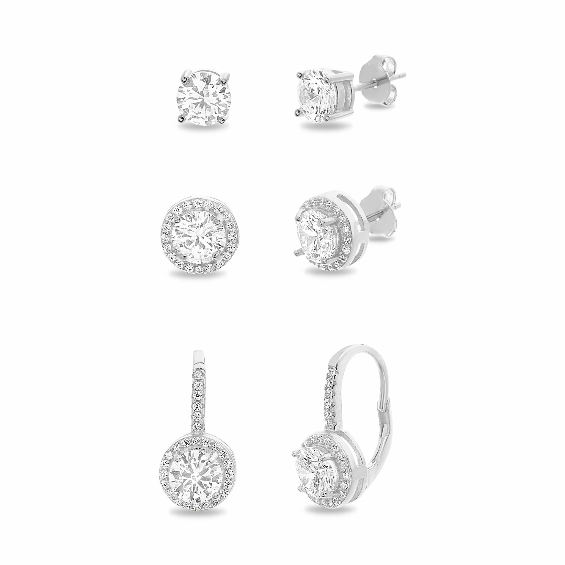 Safe Appearance Handsome Decoration ?Lesa Michele 6mm Round Cubic Zirconia Stud, Halo and Leverback 3 Pair Earring Set for Women in Sterling Silver