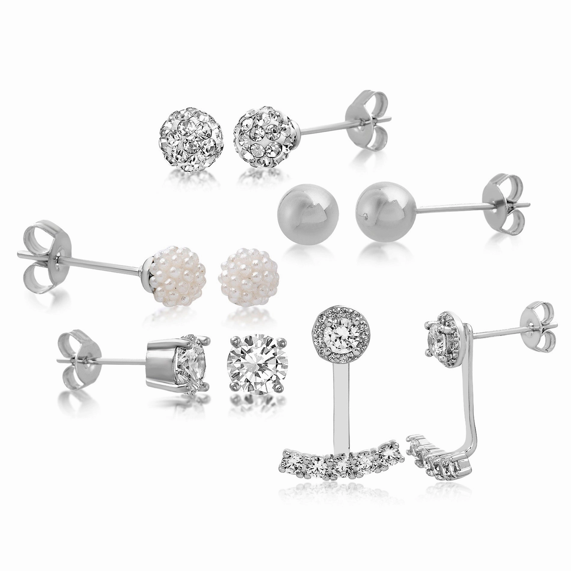 Daily Jewelry Refined Detail Aubrey Lee Cubic Zirconia and Simulated Pearl Ball Front To Back Stud and Jacket 5 Piece Earring Set in Rhodium Plated Brass
