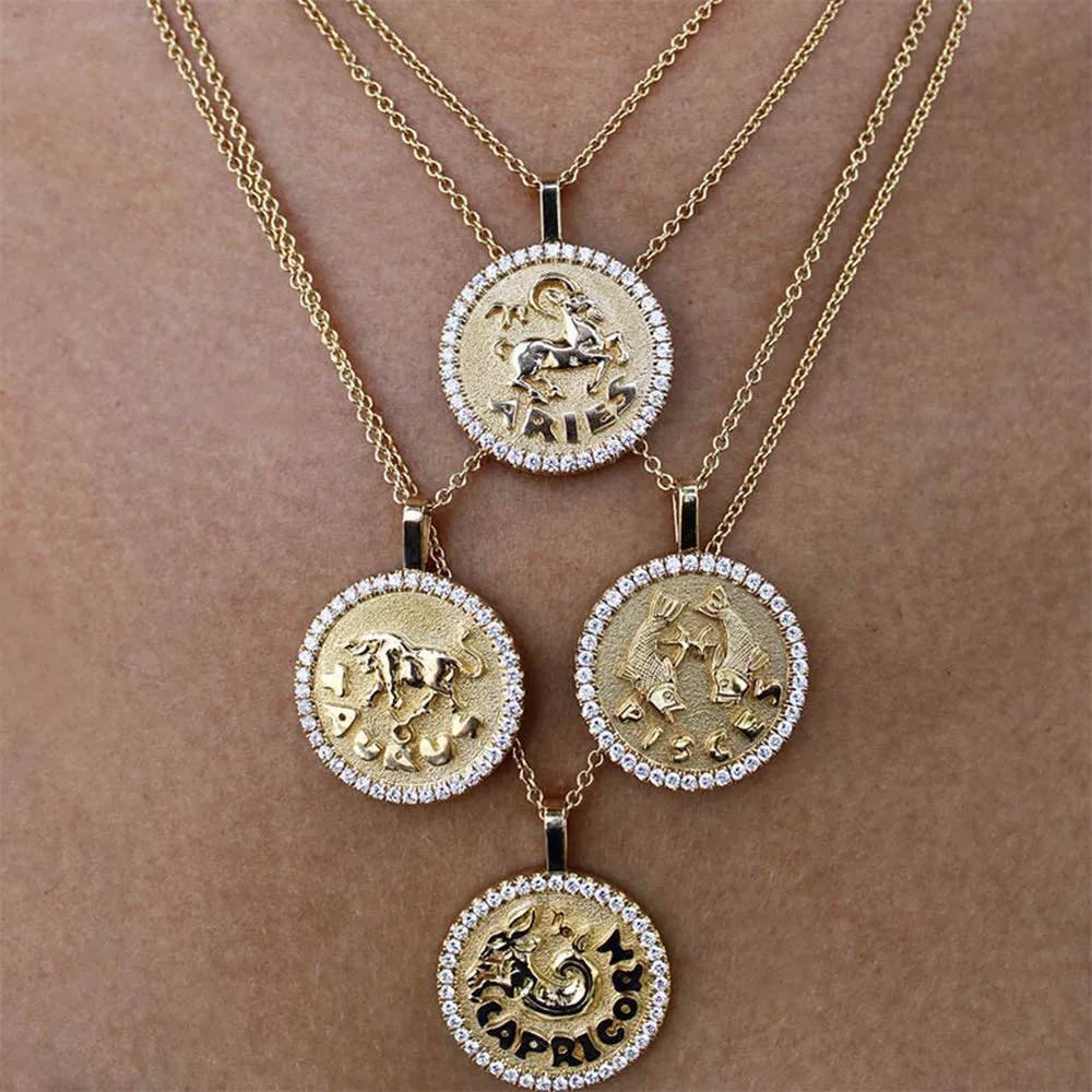 ACC PLANET Constellation Necklace Pendant 14K Gold-Plated Hammered Round Disc Engraved Zodiac Sign Pendant 16.9’’ Adjustable Dainty Necklace Gemini