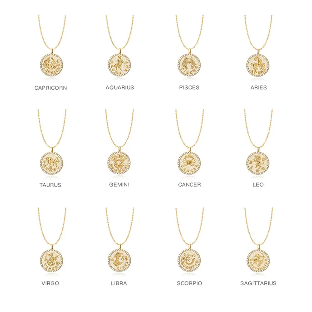 ACC PLANET Constellation Necklace Pendant 14K Gold-Plated Hammered Round Disc Engraved Zodiac Sign Pendant 16.9’’ Adjustable Dainty Necklace Gemini