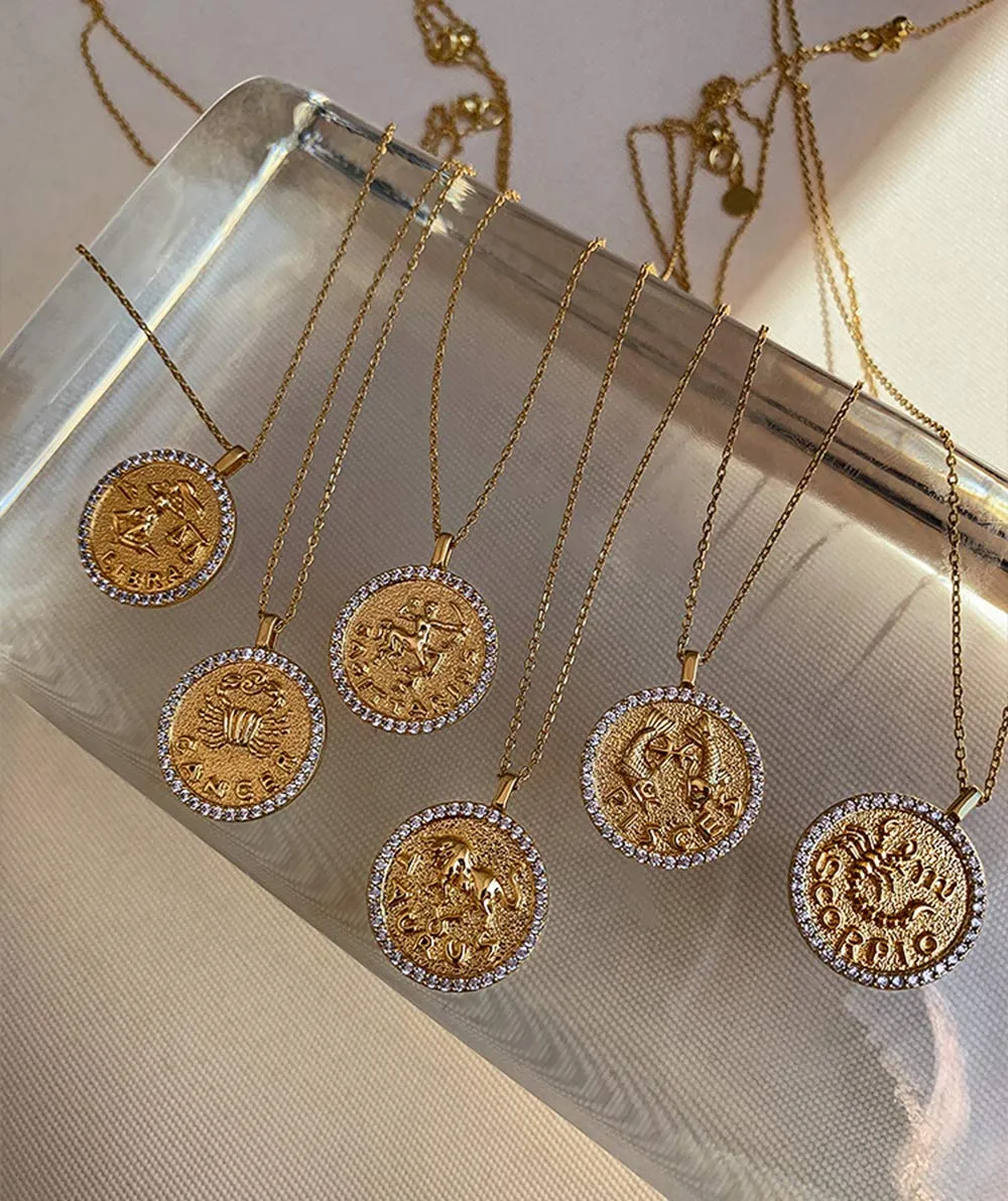 ACC PLANET Constellation Necklace Pendant 14K Gold-Plated Hammered Round Disc Engraved Zodiac Sign Pendant 16.9’’ Adjustable Dainty Necklace Gemini