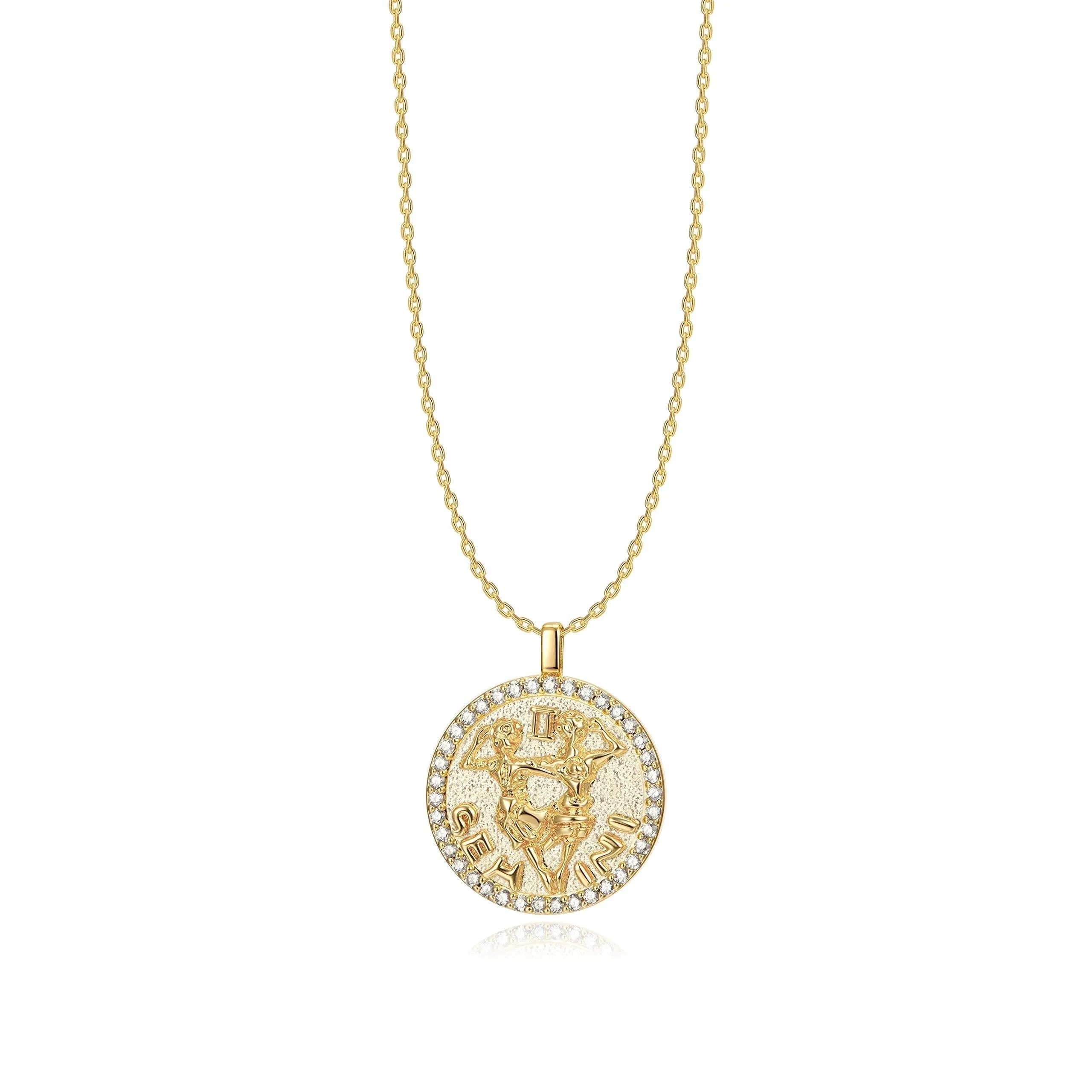 ACC PLANET Constellation Necklace Pendant 14K Gold-Plated Hammered Round Disc Engraved Zodiac Sign Pendant 16.9’’ Adjustable Dainty Necklace Gemini