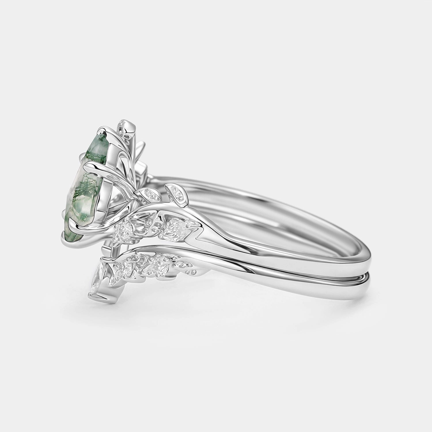 Elegant Treasures Vine Kite Cut Moss Agate Leafy Engagement Ring Sets 2pcs - Yew