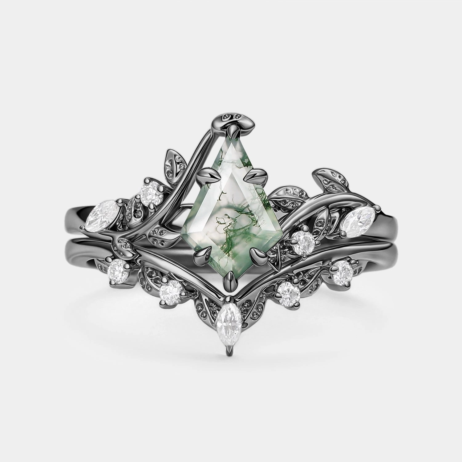 Modern Sparkle Sleek Radiance Vine Kite Cut Moss Agate Leafy Engagement Ring Sets 2pcs - Yew
