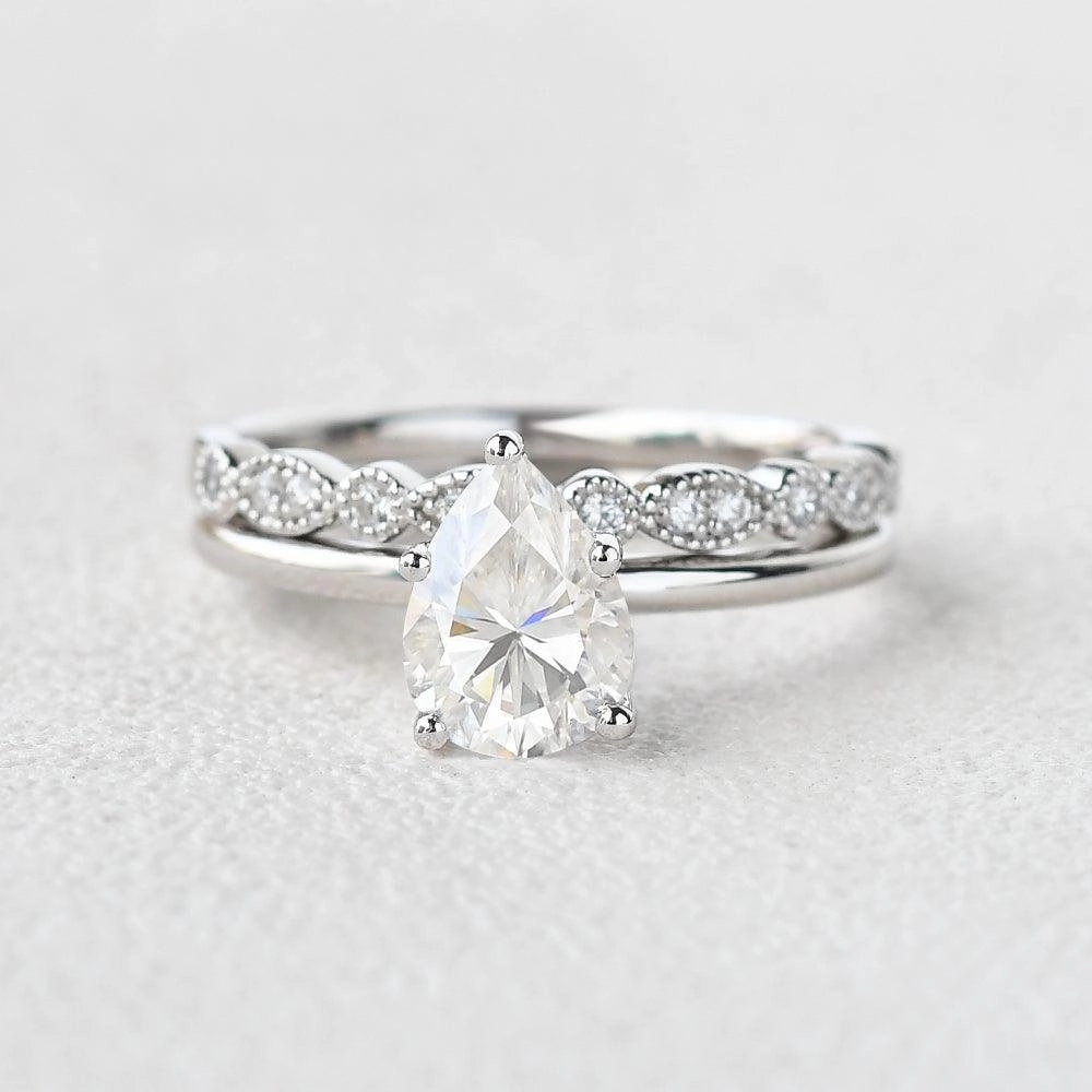 Timeless Embellishments Casual Chic 1.3ct Pear Shaped Moissanite Solitaire Ring Set 2pcs