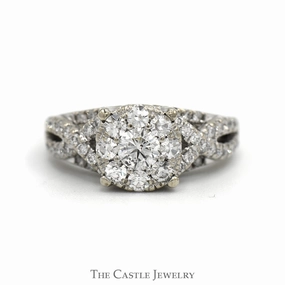 Favorite Present 1cttw Round Diamond Cluster Engagement Ring with Diamond Accented Twisted Sides in 14k White Gold