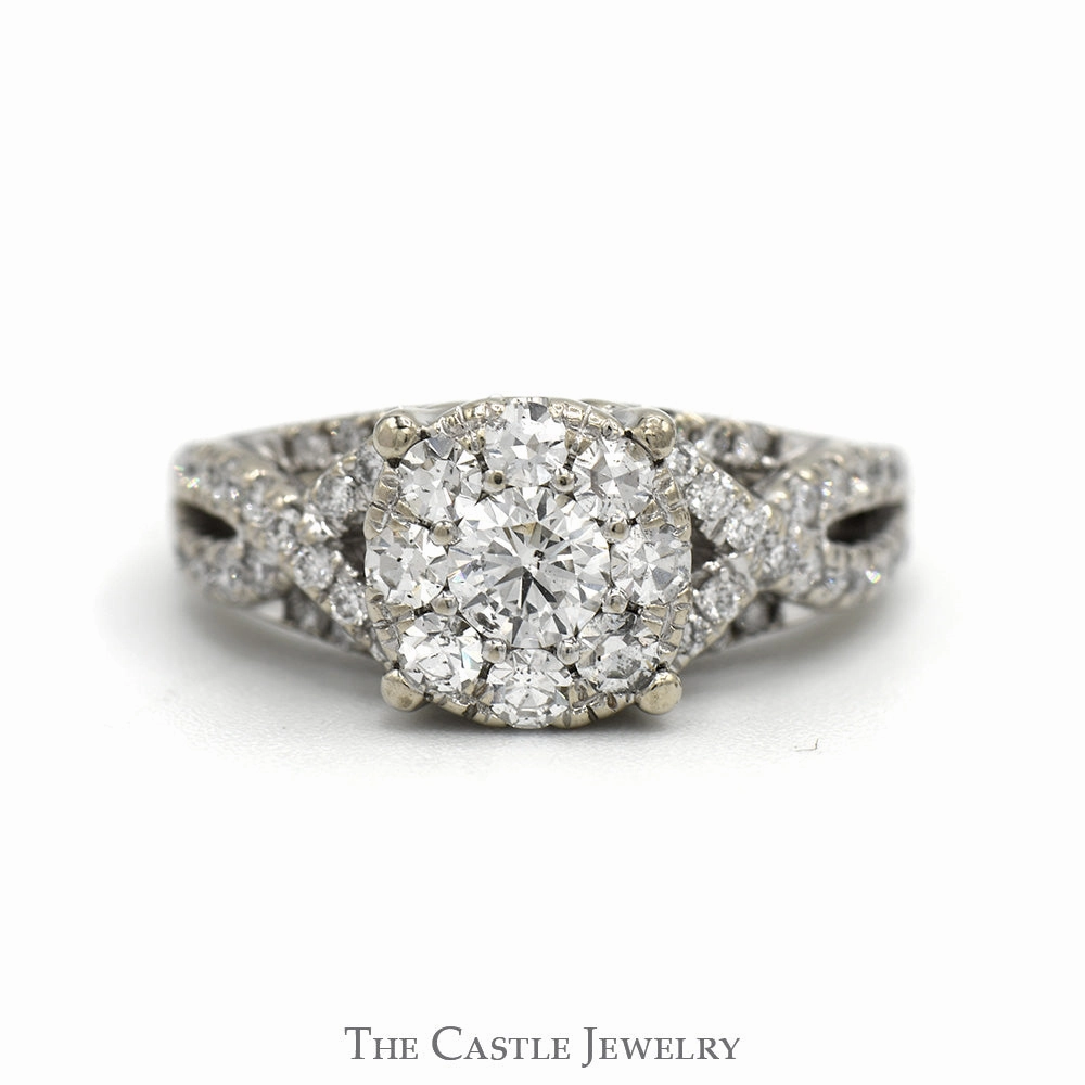 Favorite Present 1cttw Round Diamond Cluster Engagement Ring with Diamond Accented Twisted Sides in 14k White Gold