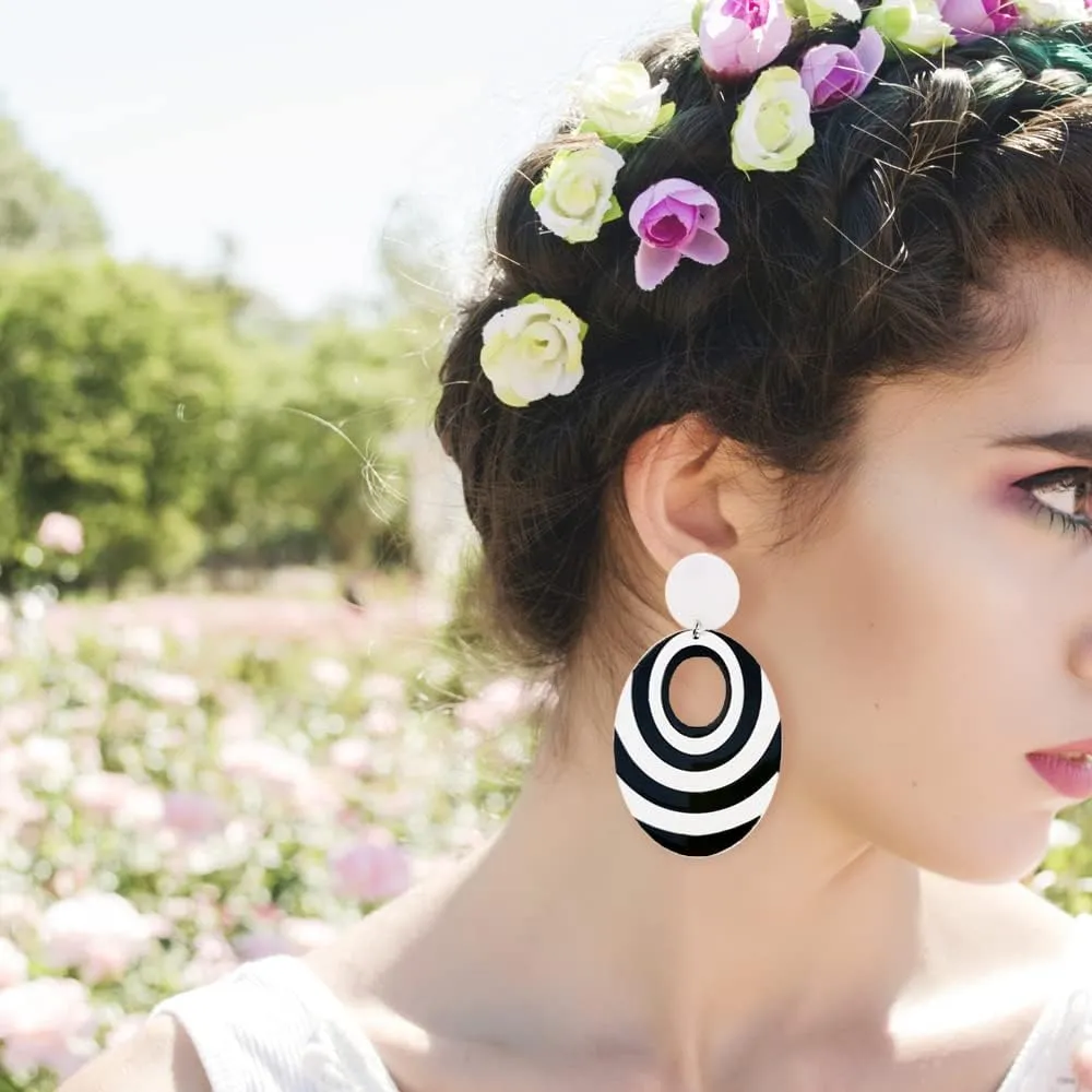 Acrylic Black White Earrings For Women Girl.Statement Geometric Drop Dangle Earrings,Round Resin Striped Earrings Party Jewelry
