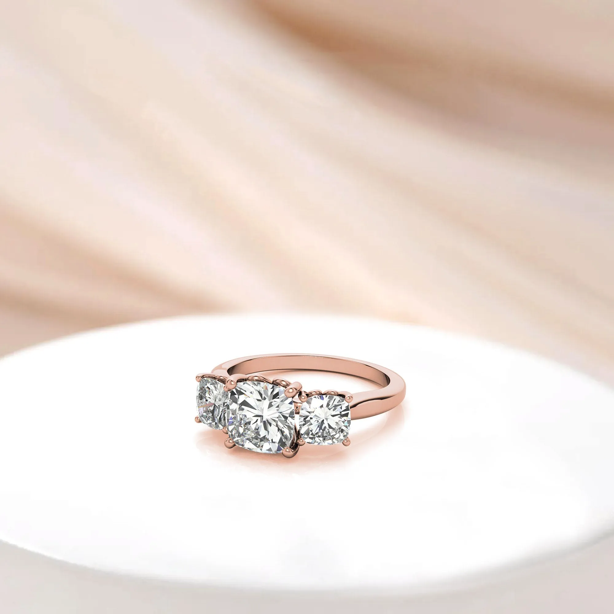 Adjustable  Engagement Sterling Silver Rose Gold Trio Cushion-Cut Ring For Woman