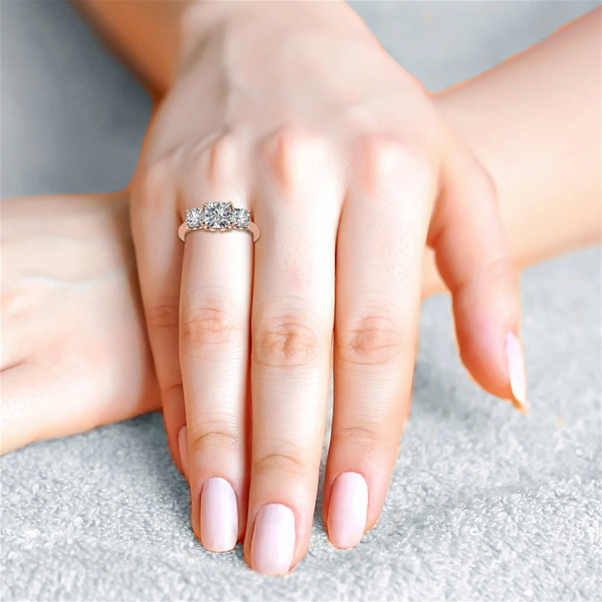 Adjustable  Engagement Sterling Silver Rose Gold Trio Cushion-Cut Ring For Woman
