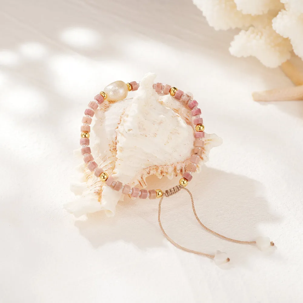 Adjustable Healing Crystal Bracelet Natural Rhodochrosite Gemstones Beads with Irregular Pearl