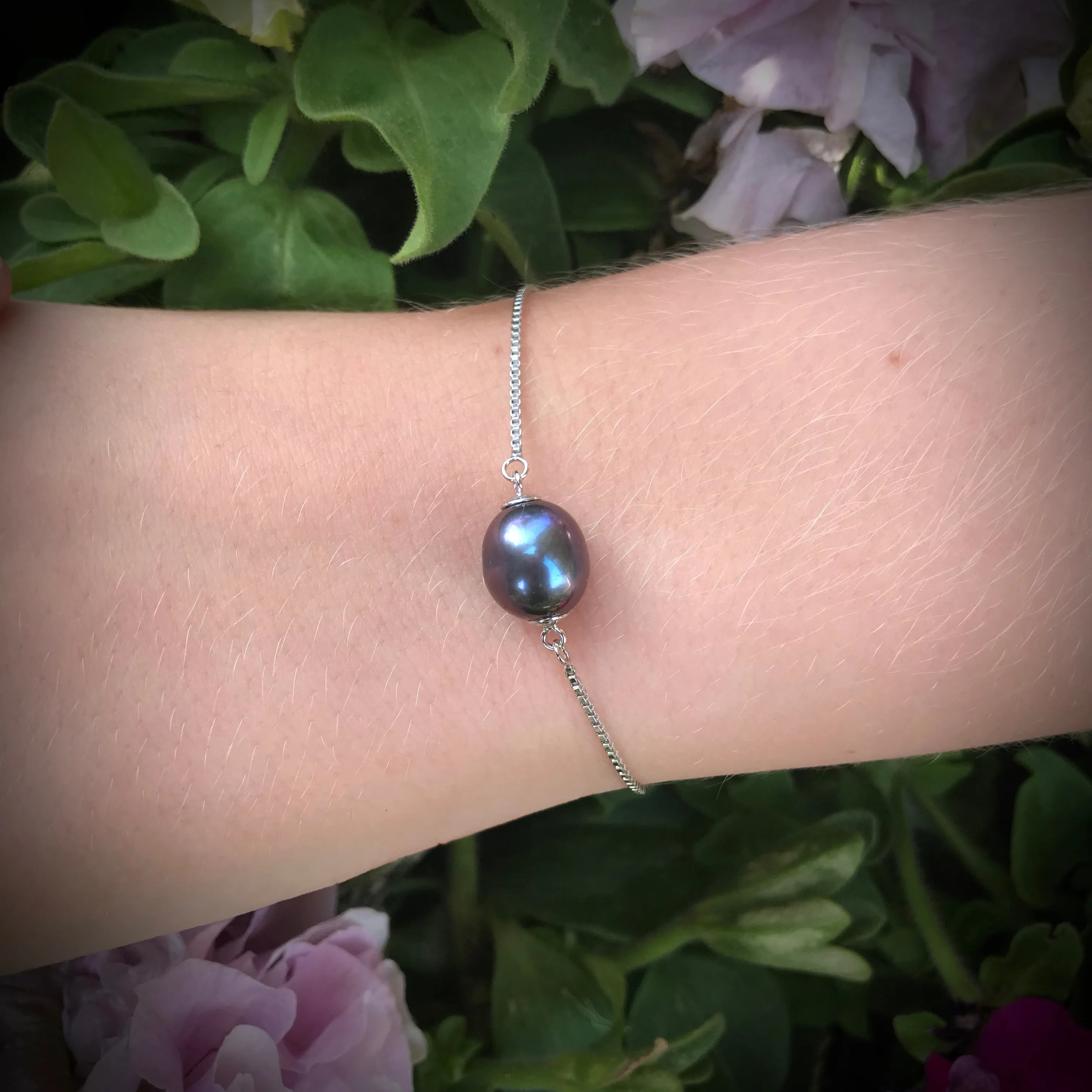 Adjustable Tennis Style Cultured Freshwater Black Pearl Bracelet