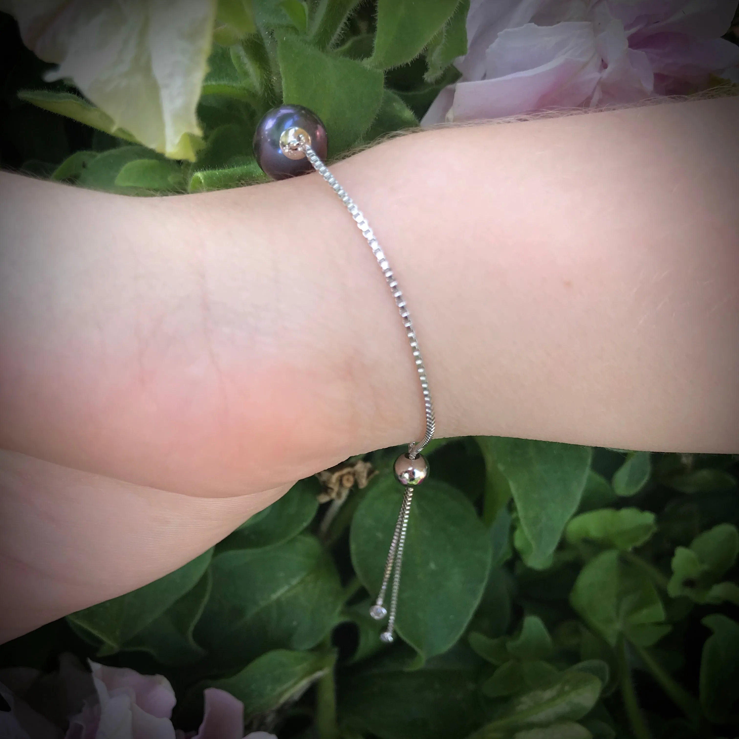 Adjustable Tennis Style Cultured Freshwater Black Pearl Bracelet