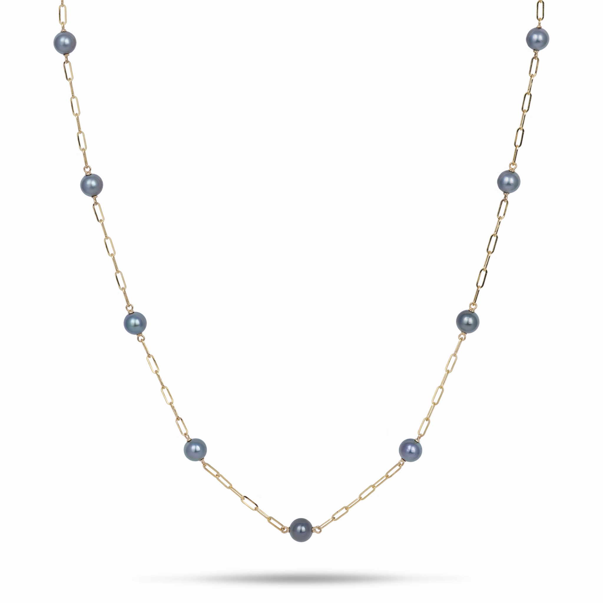 Understated Shine Adjustable 34-35" Tahitian Black Pearl Paperclip Chain Necklace in Gold - 10-11mm