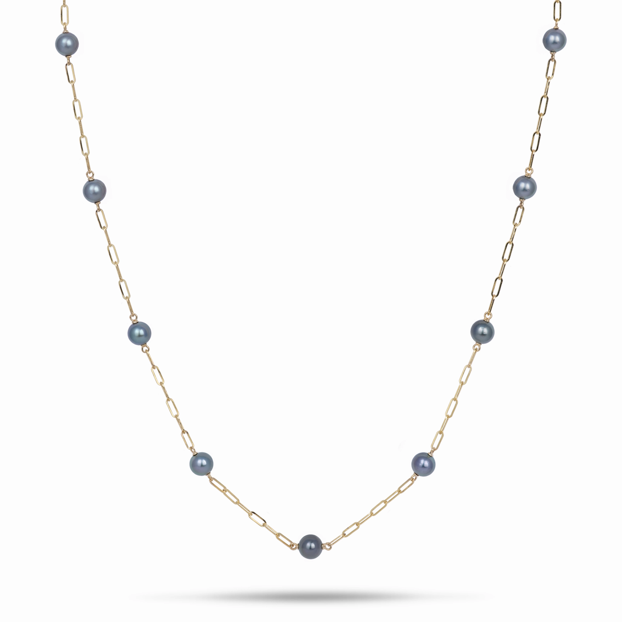 Glamorous touch All Style Adjustable 34-35" Tahitian Black Pearl Paperclip Chain Necklace in Gold - 10-11mm