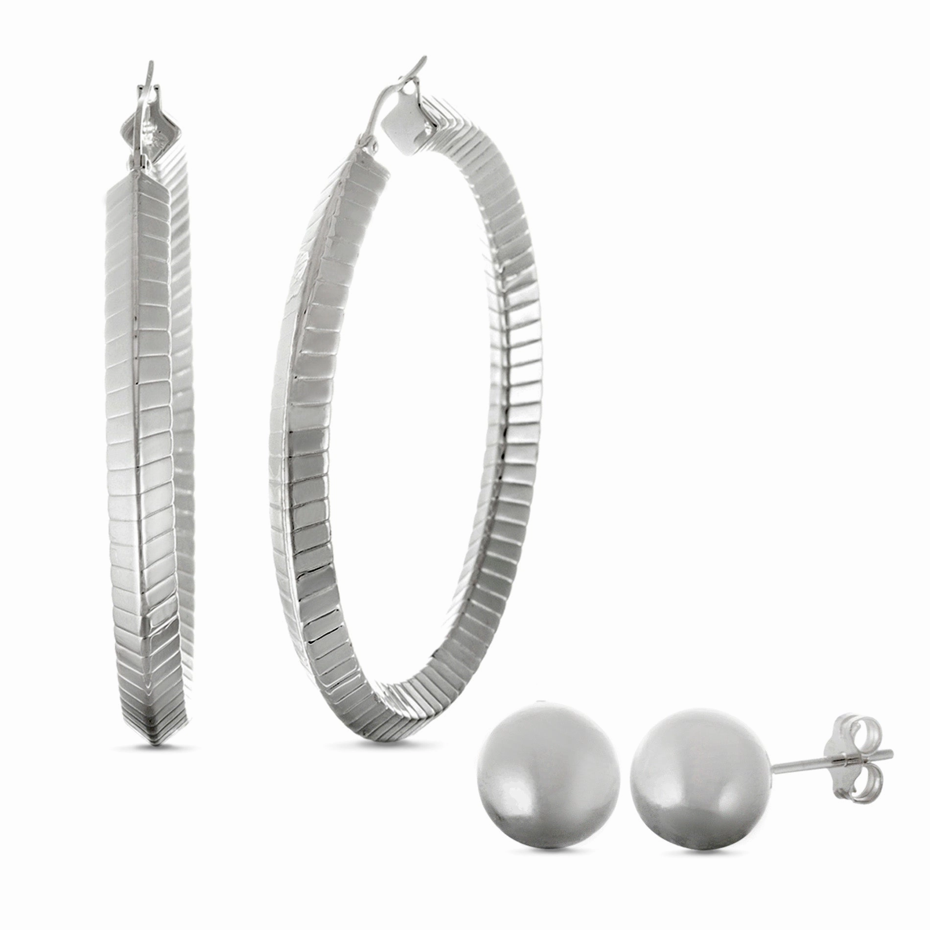 Pearlescent Accent Lesa Michele Stainless Steel Hoop & Ball Stud Earring 2 Pair Set