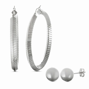 Pearlescent Accent Lesa Michele Stainless Steel Hoop & Ball Stud Earring 2 Pair Set