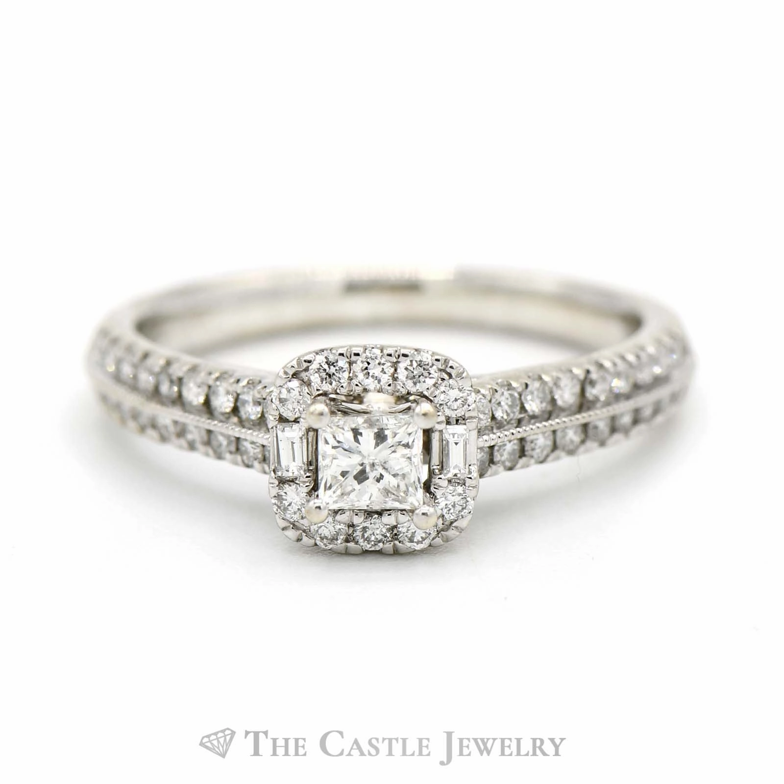 Adrianna Papell Designer Princess Cut Engagement Ring with Diamond Halo & Accents in 14k White Gold Simple Detail