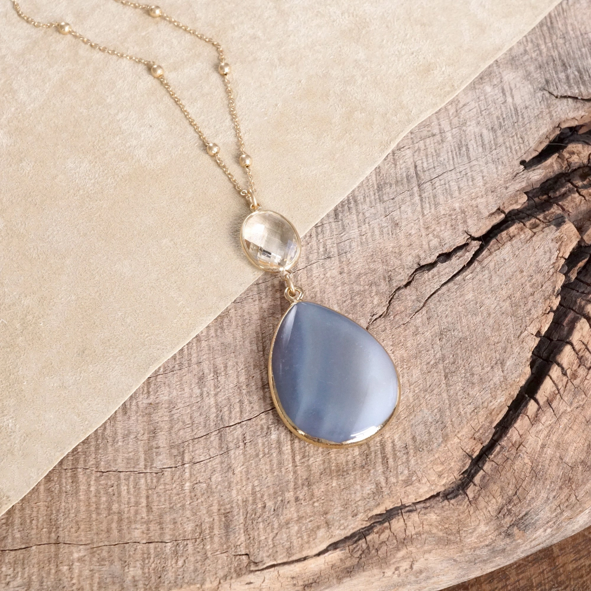 Boho Minimal Long Necklace with Teardrop Natural Stone Pendant ?C Gray and Worn Gold Tone (Copy) Festival Accent Minimalist Jewelry