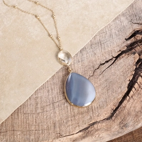 Boho Minimal Long Necklace with Teardrop Natural Stone Pendant ?C Gray and Worn Gold Tone (Copy) Festival Accent Minimalist Jewelry