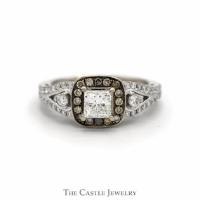 Economical Embellishment High-Quality Look Le Vian Designer 1cttw Princess Cut Diamond Engagement Ring with Chocolate Diamond Halo and Accented Split Shank Sides in 14k White Gold