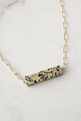 Semi Precious Dalmatian Bar Minimal Gold Tone Necklace Polished Edge Climate Friendly Accessory
