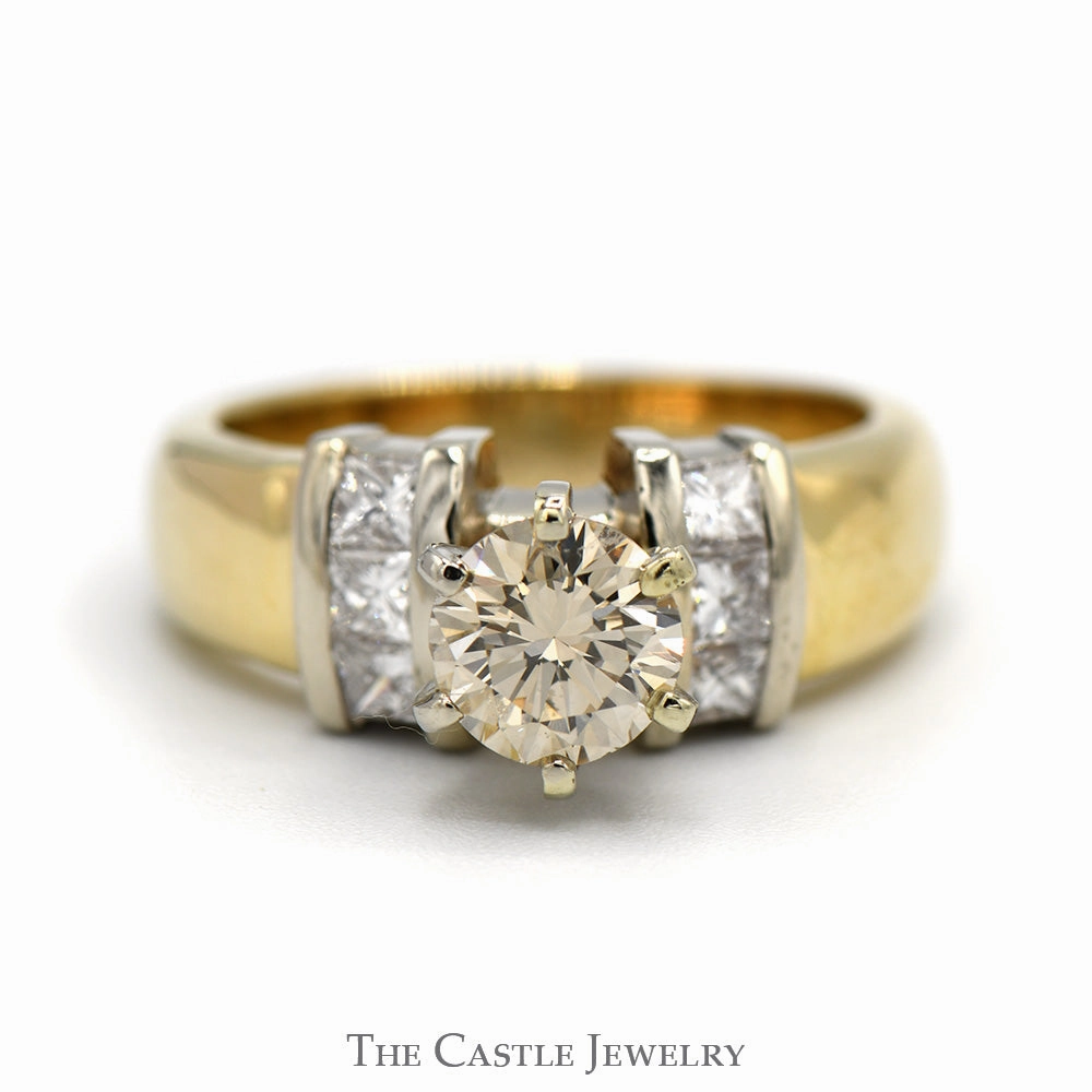 Custom Statement Round Cognac Diamond Engagement Ring with Princess Cut Diamond Accents in 14k Yellow Gold