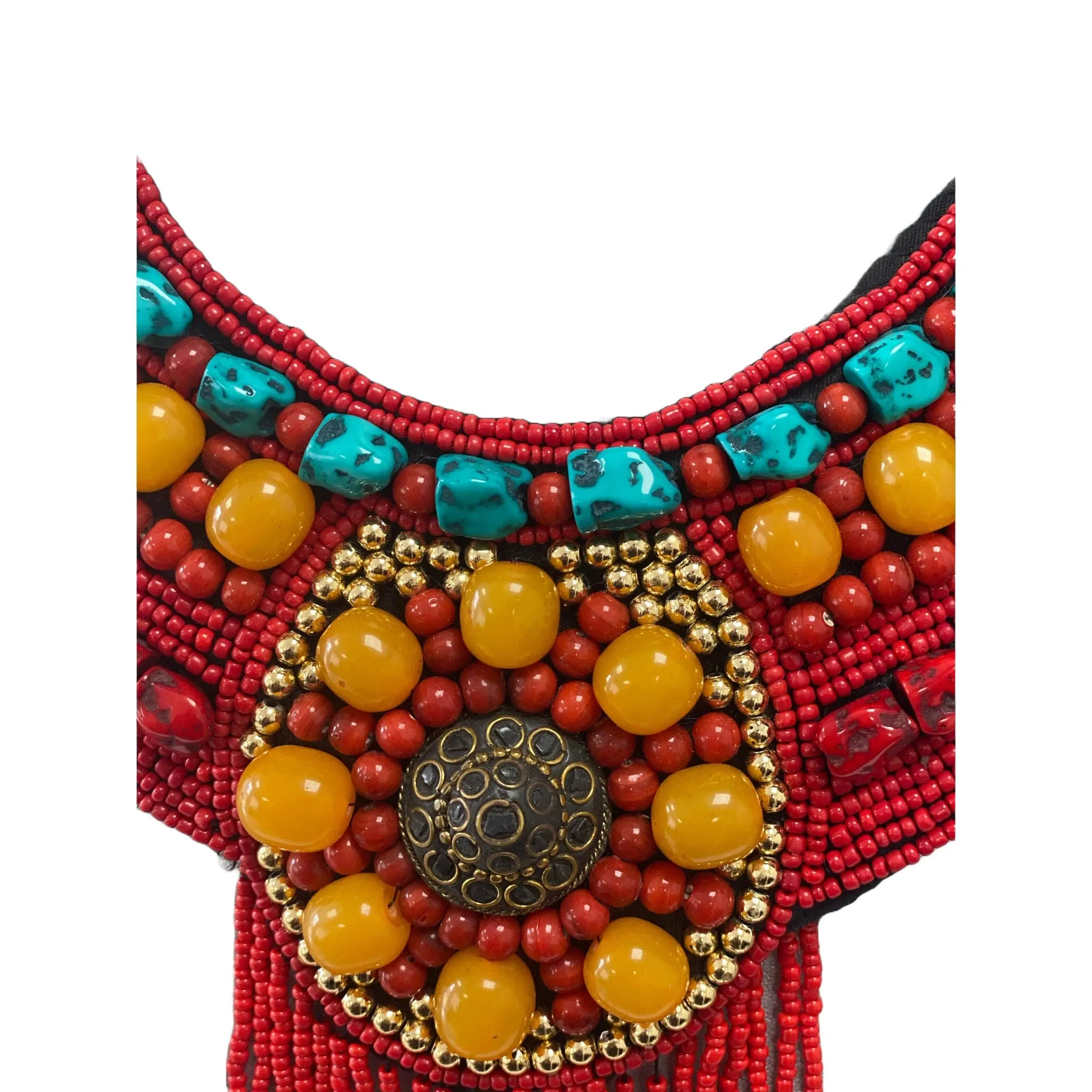 African Red Beaded Orange and Turquoise Gemstone Necklace ONLY -- Jewelry A33